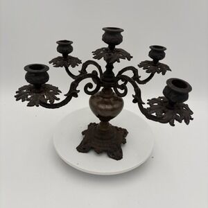 Vintage Ornate Gothic Medieval Cast Iron Candelabra 5 Arms Marble Center